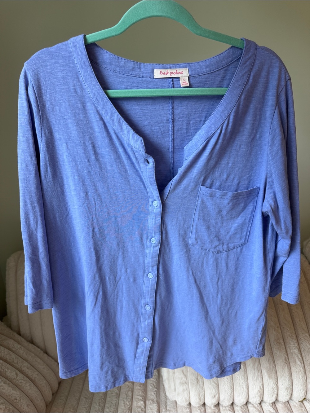 Fresh Produce Blue Button-Down 3/4 Sleeve Casual Lightweight Summer Shirt